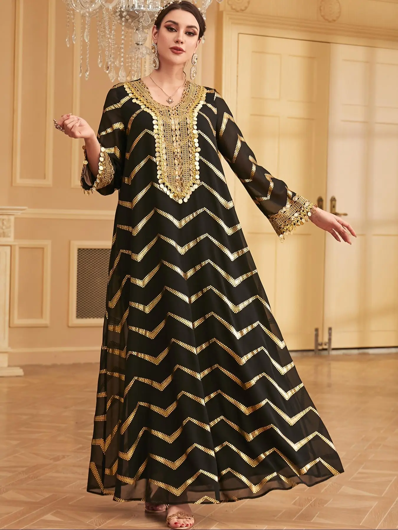 Arabic Clothing- Wave Pattern Hot Stamping Contrast Sequin Fringe Trim Dress, Elegant Long Sleeve V Neck Long Dress for Women, Women's Islamic Clothin