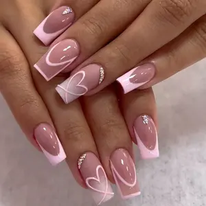French Tip Fake Nails with Heart Decor, 24pcs/box Rhinestone Decor Fashion Press on Nails for Women & Girls Diy Nail Art, Elegant Stick on Nails Kit, Nail Art Stickers