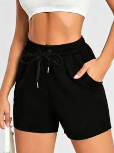 Women's Solid Color Drawstring Waist Shorts, Casual Comfy Breathable Workout Shorts for Running Fitness, Ladies Summer Bottoms, Drawstring Sports Shorts
