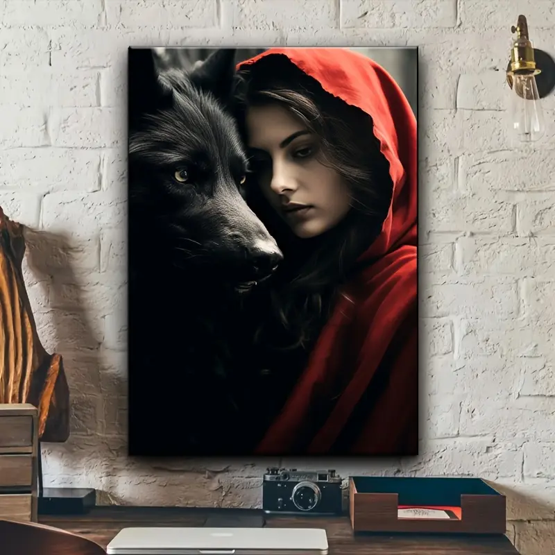 Textured Fantasy Little Red Riding Hood & Black Wolf Cartoon Wrapped Canvas Print - Textured Art, Multi-Size (08×12Inch(20×30Cm）,12×18Inch(30×45Cm),16×24Inch(40×60Cm),20×30Inch(50×76Cm)), Modern Home Living Room Decor, Anniversary Gift Ornament