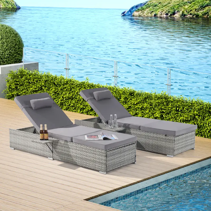Patio Rattan Long Reclining Chaise Lounge Set of 2 , PE Wicker Chaise Chairs Set, Outdoor Chaise Lounge with Adjustable Backrest & Cup Holder