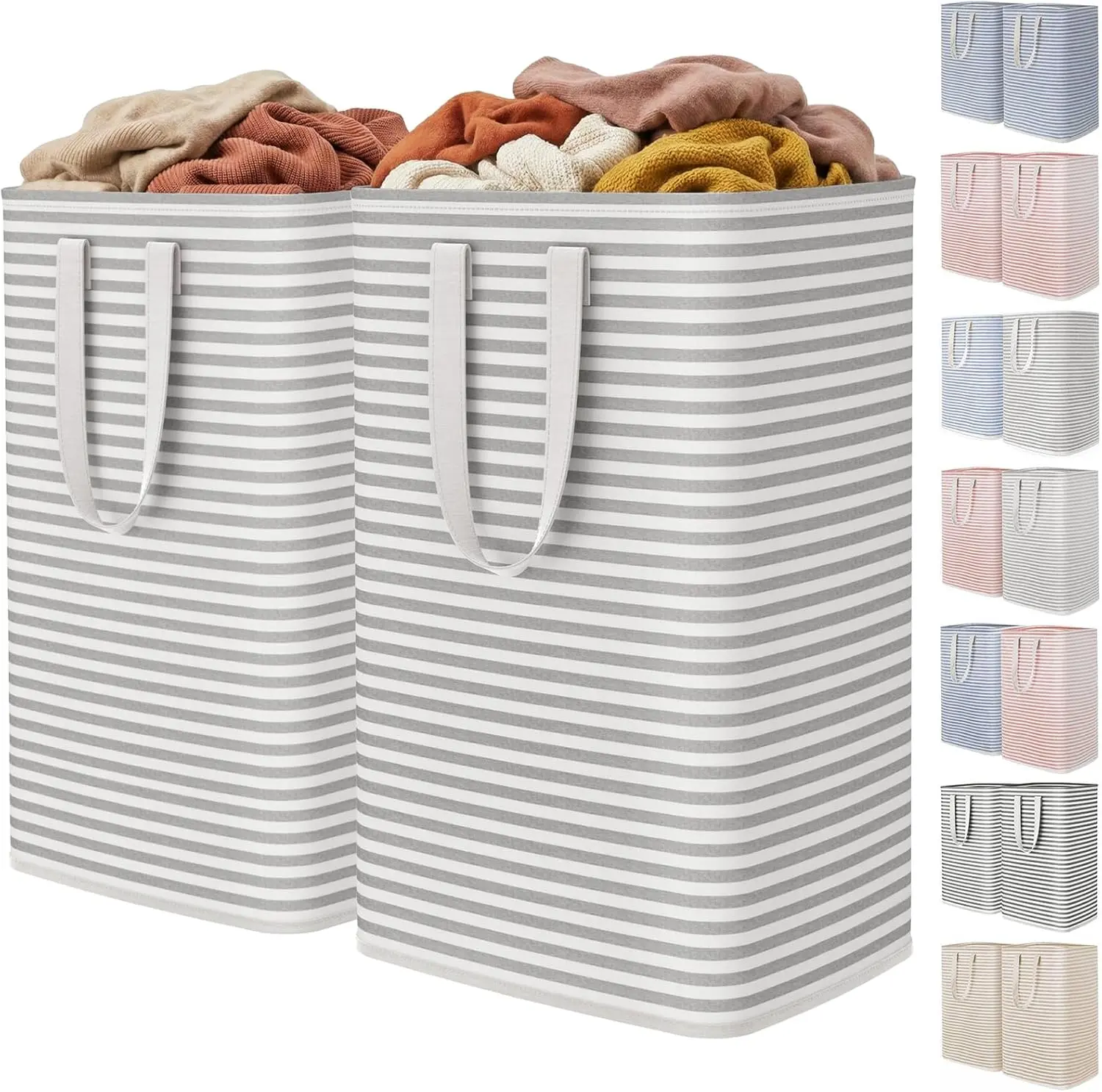 Eco-Friendly Geometric Rectangle Laundry Baskets, Grey 2-Pack Standard Size with Compartments, 80L Each, Collapsible, Freestanding, Waterproof, Reinforced Handles for Bathroom, Laundry Room (1-3 Users Suitable), Fabric