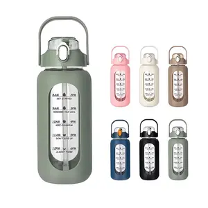 Hydration Tracking Glass Water Bottle with Time Markers for Daily Water Intake Monitoring in Multiple Colors Portable