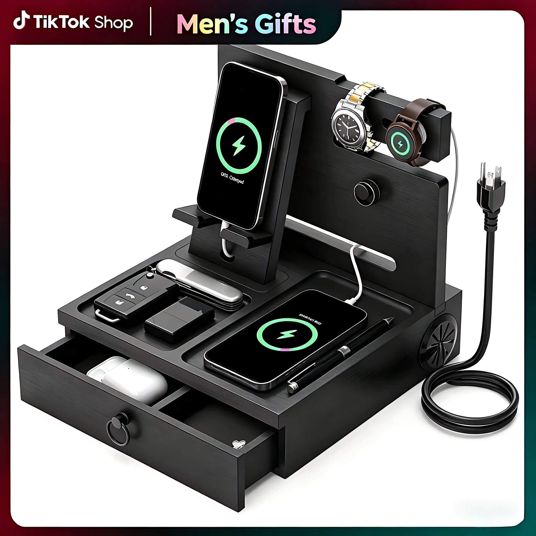 Rectangular Nightstand Organizer with Hidden Drawer, 3 Compartments, USB Ports, Outlets, Key/Ring Hooks, Glasses Shelf, Tray Area, Flip-Top Cologne Storage, Modern Furniture for Man Cave, Bedroom Table Organizer for Men’s Room Accessories Gifts, Man Cave,