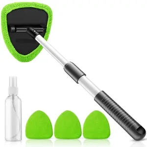 Windshield Cleaning Tool, 23-inch Extendable Handle Car Window Cleaner with 4 Reusable and Washable Microfiber Pads, Auto Glass Wiper Kit for Interior & Exterior, Ideal for Dirty Car Windows, Green