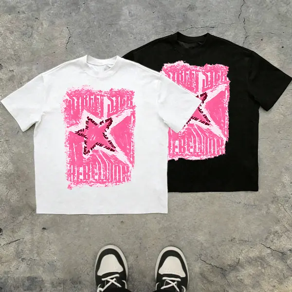 Men’s dark street‑style pink star distressed brushstroke Y2K graphic 100% cotton T‑shirt. TikTok 2025 trend—loose oversize urban punk streetwear casual short sleeve. A must‑buy under $10., Fashion, Top, Oversized, Shortsleeve tiktokshopspringglowup,summer