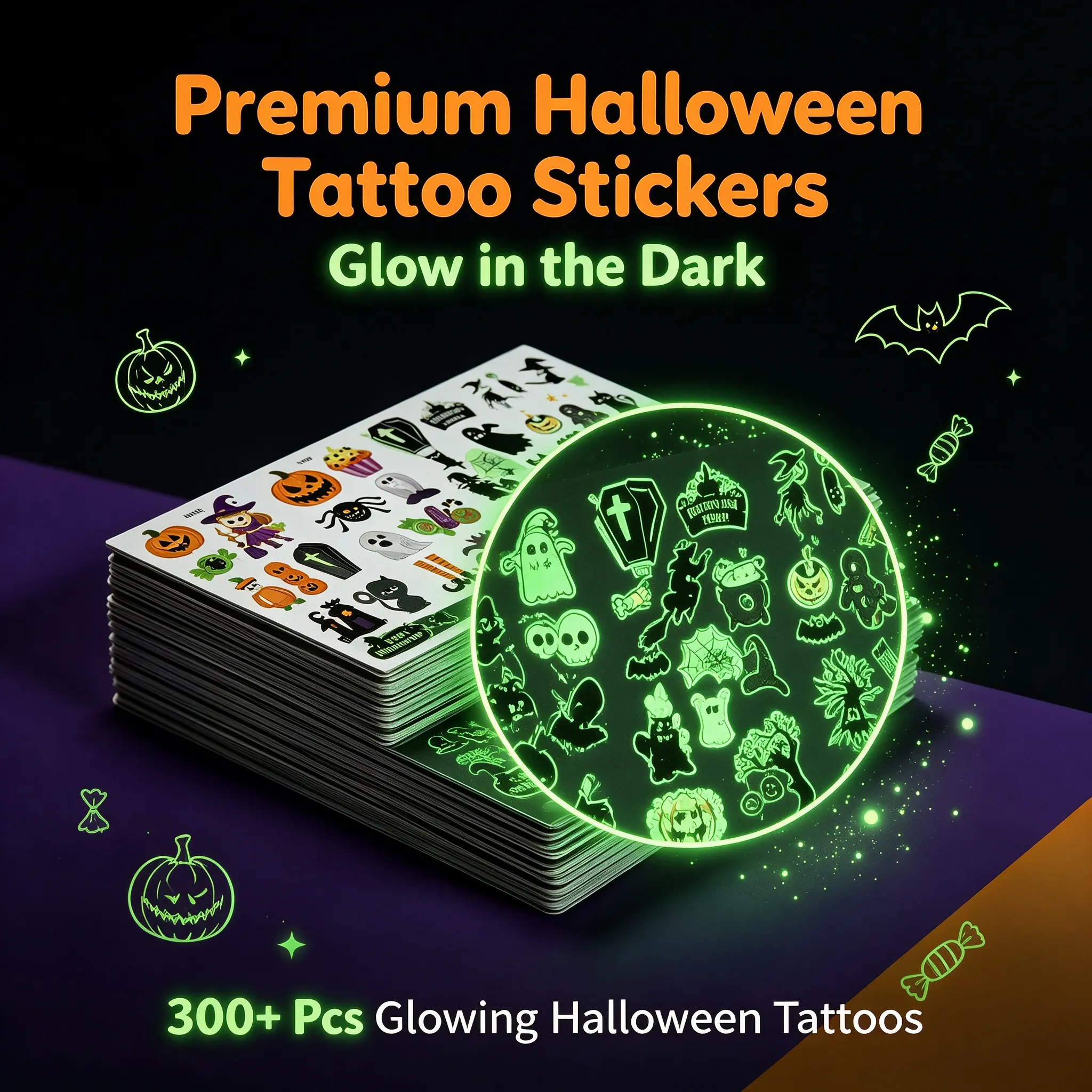 Luminous Halloween Cartoon Temporary Tattoo Stickers Set, Waterproof Long‑Lasting Skin‑Friendly Body Decals for Kids & Adults, Halloween Cosplay, Birthday Party, Photo Booth Decorations