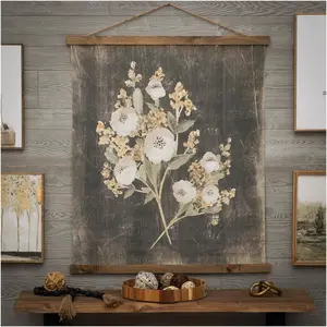 Hobby Lobby Vintage Floral Tapestry Wall Decor, Canvas & MDF, Rectangle, Vertical, Includes Hanging Rope, Distressed Black Background, Wooden Frame, Muted Tones