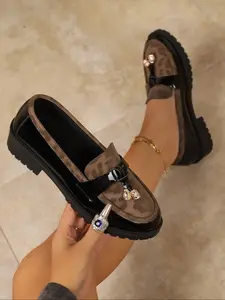 Women's Simple Loafer Single Shoe, Fashion Punk Round Toe Mid Heel Shoes, Comfortable & Stylish Casual Wear, Versatile Daily Footwear, Round Toe Loafers, Fashionable Loafers, Slip On Loafers