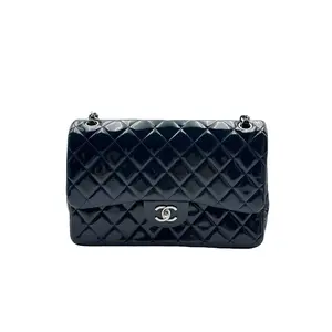 Pre-owned CHANEL FRANCE Shoulder Bags H1 Classic Flap (CF) jumbo patent leather dark navy blue and silver mouth cover bag H02429