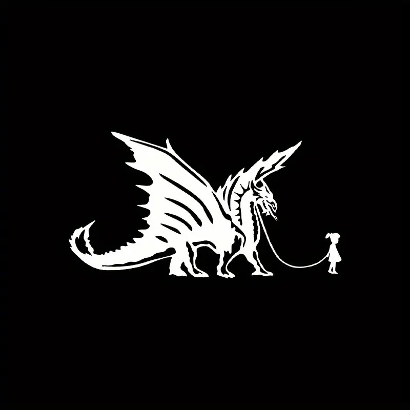 Fantasy Dragon and Girl Vinyl Stickers - Durable and Weather Resistant for Cars, Motorcycles, and Laptops - White Art Design, Leading The Dragon Girl, Car Exterior Decoration Bumper Stickers, Laptop Stickers | Imagination Illustrations