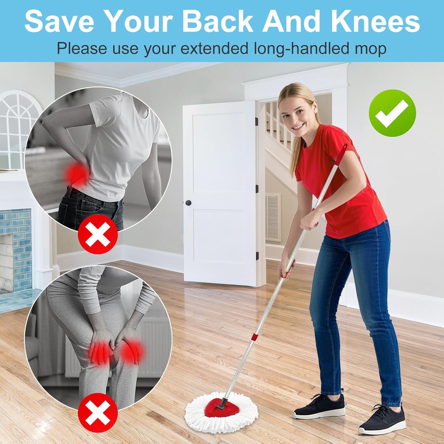 Spin Mop Replace Head Base, Handle Compatible with O Cedar EasyWring Microfiber Spin Mop, 2 Mop Refills Replacement Heads, 30-58" Mop Handle and 1 Mop Base Combo Set (White, 1-Tank System)