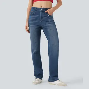 Halara Flex Mid Rise Studded Straight Leg Casual Jeans with Pockets