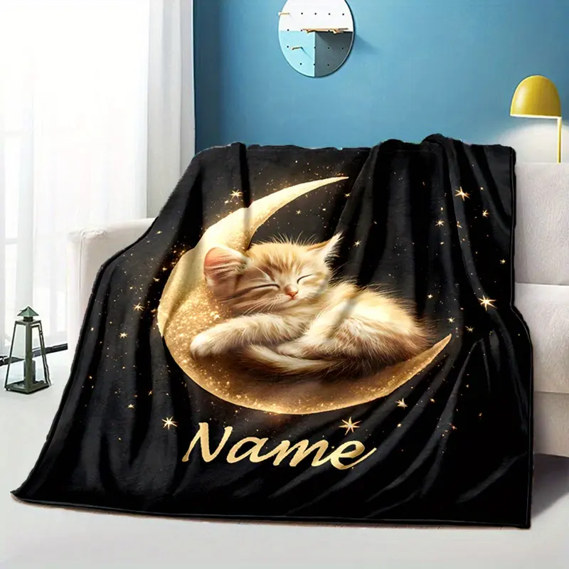Personalized Cat-Themed 1-Piece Rectangular Soft Flannel Blanket with Custom Name - Cozy, Warm, Multi-Size - Ideal for Bed Sofa, Indoor Use - Perfect for Festive Gifts, All Seasons Home Supplies, One-Piece