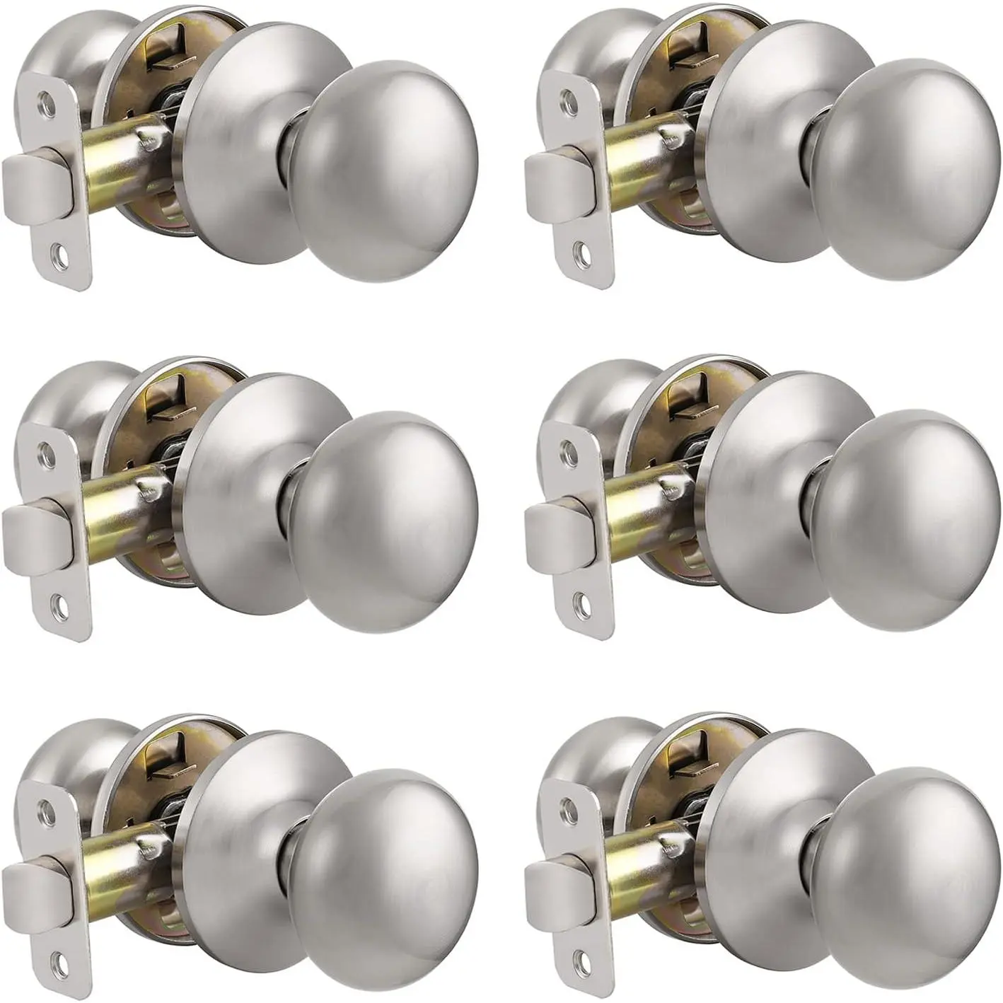 Passage Door Knobs Without Lock 6 Pack, Modern Round Interior/Exterior Door Knobs for Closet and Hallway, Classic Brushed Nickel Door Handles Inside
