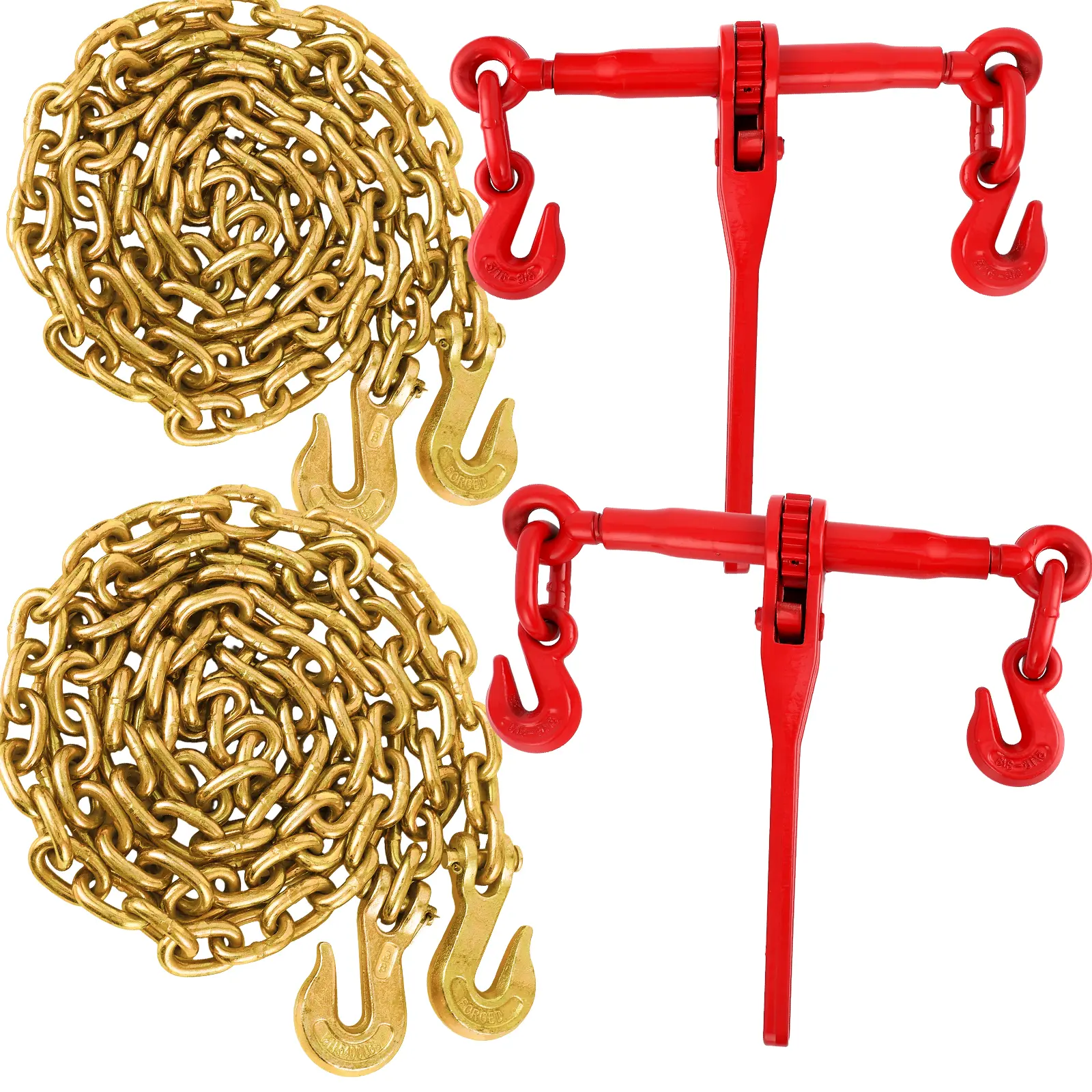 Chain Binder 5/16'' to 3/8'', Chain and Binder Kit, Ratchet Load Binder with 9200 LBS WLL, Grade 70 and 3/8'' x 10 FT Chain with 6600 LBS WLL for Tie Down, Hauling, 2 Binders and 2 Chains