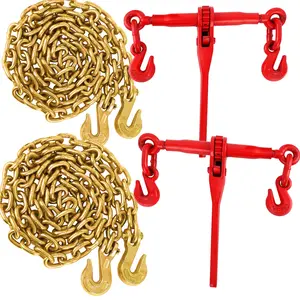 Chain Binder 5/16'' to 3/8'', Chain and Binder Kit, Ratchet Load Binder with 9200 LBS WLL, Grade 70 and 3/8'' x 10 FT Chain with 6600 LBS WLL for Tie Down, Hauling, 2 Binders and 2 Chains