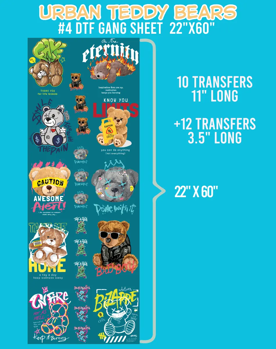 Urban Teddy Bears DTF Gang Sheet #4 - 22"x60", Customized Craft Supply with All Colors, Hot & Cold Peel, Durability, Scratch Resistance for Toys & Hobbies DIY Projects