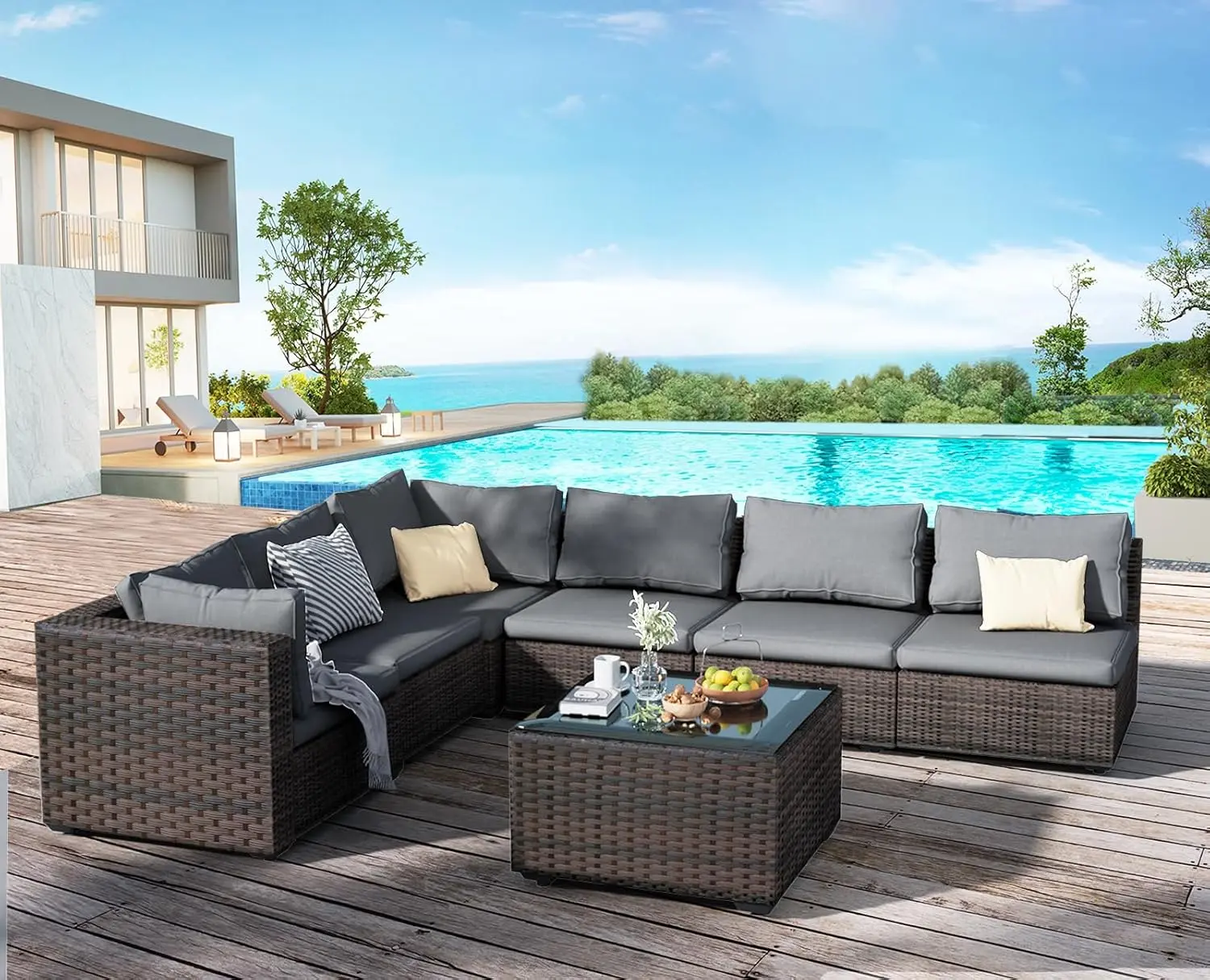 Gaptainer 7 Pieces Patio Furniture Set,Rattan Outdoor Sectional Conversation Sets,All Weather Outdoor Furniture Set with Cushions for Garden Lawn Balcony Porch Deck summerwins