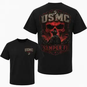 USMC Semper Fi Soldier Skull T-Shirt, United States Marine Corps Veteran Graphic Tee, Military Patriot Shirt, USMC Combat Tactical Tee, Marine Veteran Gift for Men Women, Red Skull Semper Fi Graphic T-Shirt