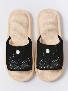 Mystical Cat Moon Night Starry Print Toe-Open Slippers, Soft Sole Home Floor Slipper, Anti-Slip Breathable Non-Odorous Feet