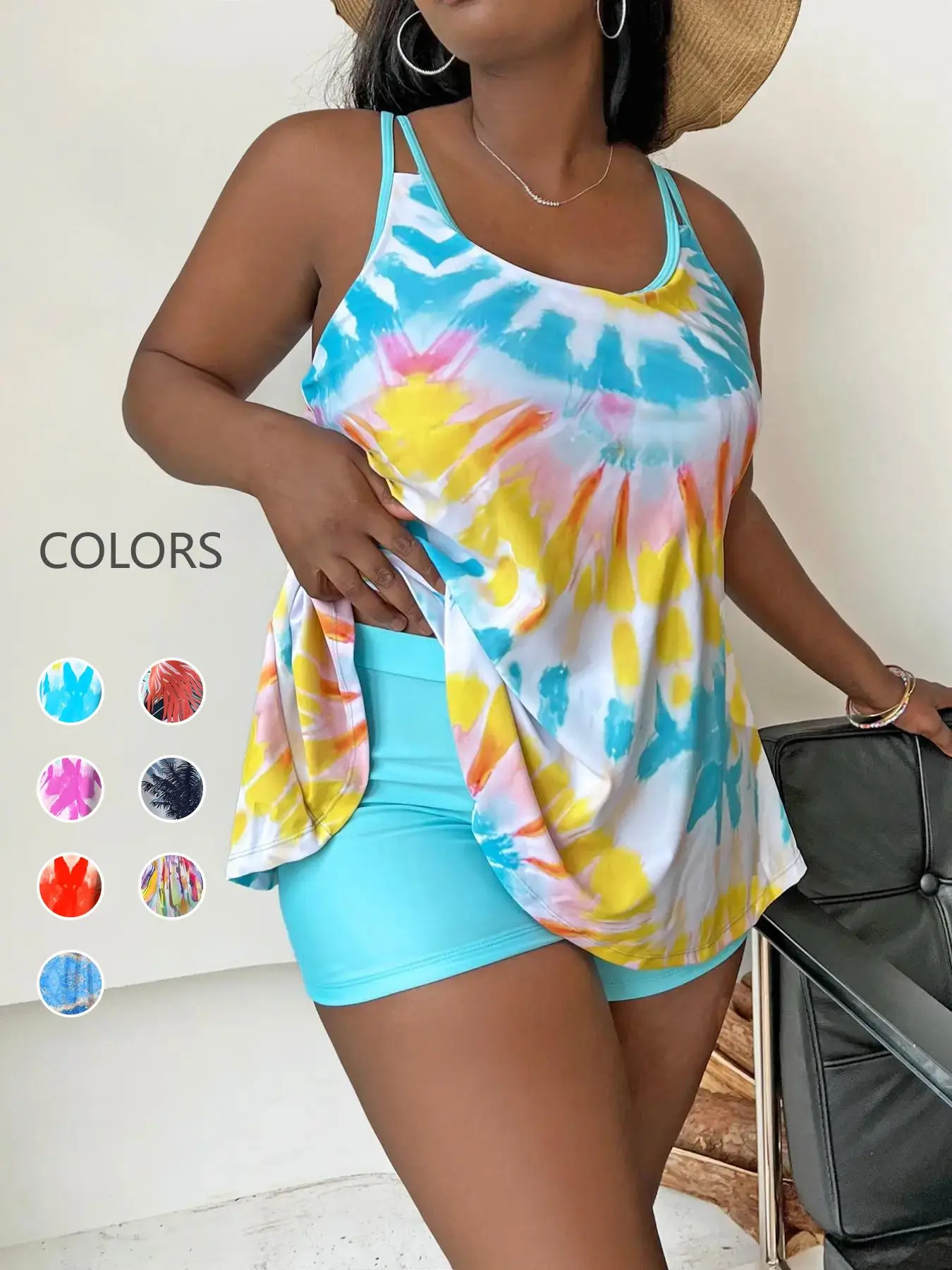 【Plus Size】 Tie Dye Print Cami Top & Shorts Summer Tankinis Set, Summer Clothes, Casual Sleeveless Spaghetti Strap Top & Shorts, Women's Plus Size Swi
