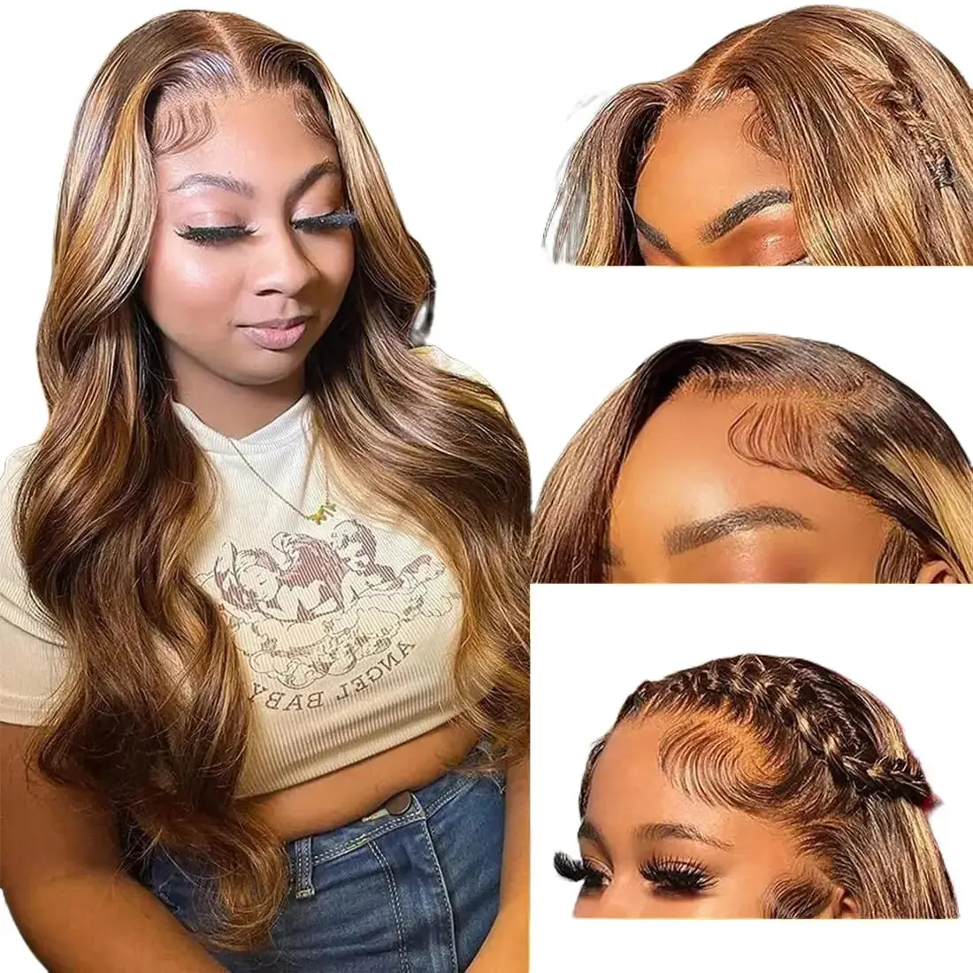 HAIR POP  26 Inch 200% density Honey Blonde Highlight Body Wavy Wigs for Women, Gorgeous Fluffy black Wig synthetic heat resistant Matte fiber 13x4 Lace Front Wigs for Party, Daily, Back To School FallforBirhdaGifts,Valntine'sDay