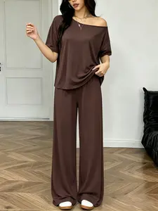 New Summer Autumn Womenswear Casual Set, Asymmetrical Shoulder Design Slimming Top and Wide Leg Pants Two-Piece Set, Loose Fit Conceals Fatigue