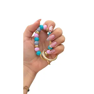 Handmade beaded keychain (Blue and pink)