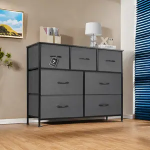 Dresser for Bedroom with 7 Drawers, Wide Bedroom Dresser with Drawer Organizers, Chest of Drawers, Fabric Dresser for Living Room, Closet, Hallway, Charcoal Black