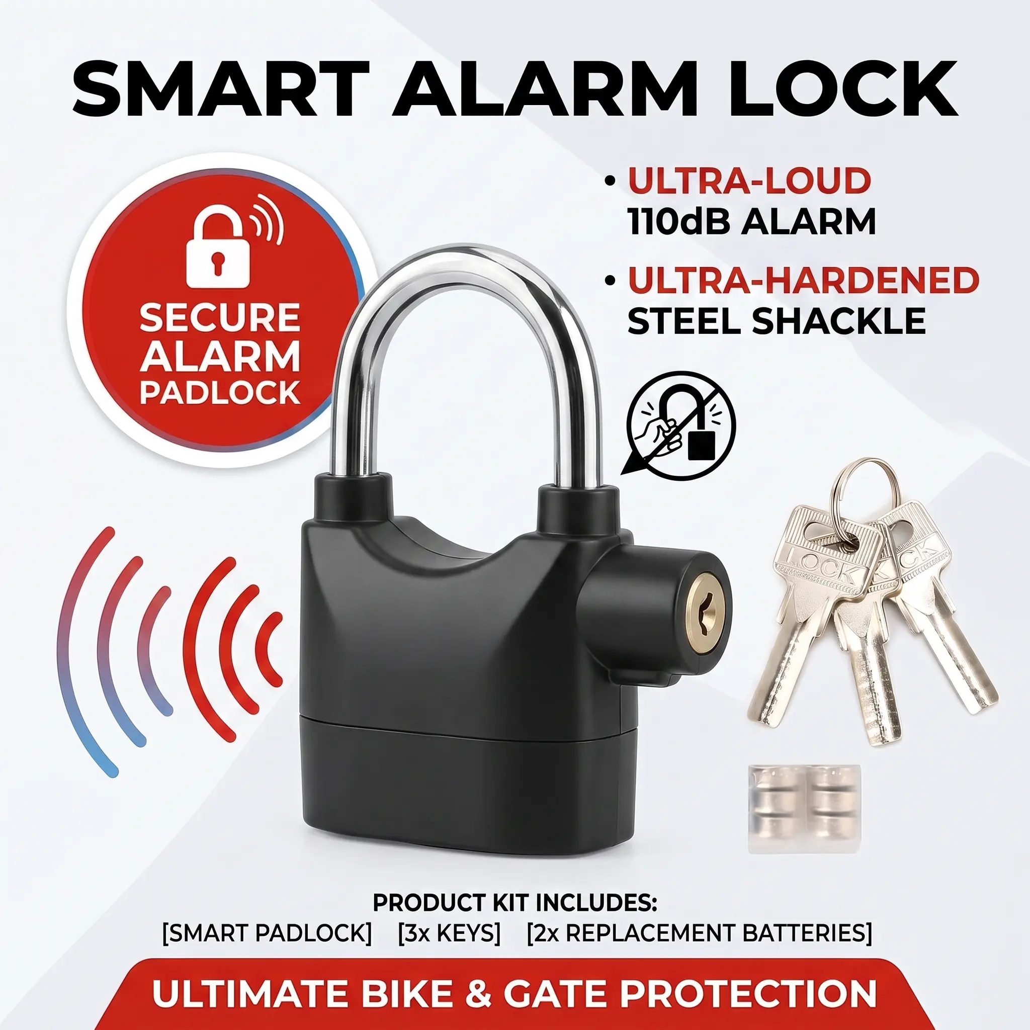 Alarm Lock 110dba Universal Security Alarm Lock System Anti-Theft for Door Motor Bicycle Padlock with 3 Keys