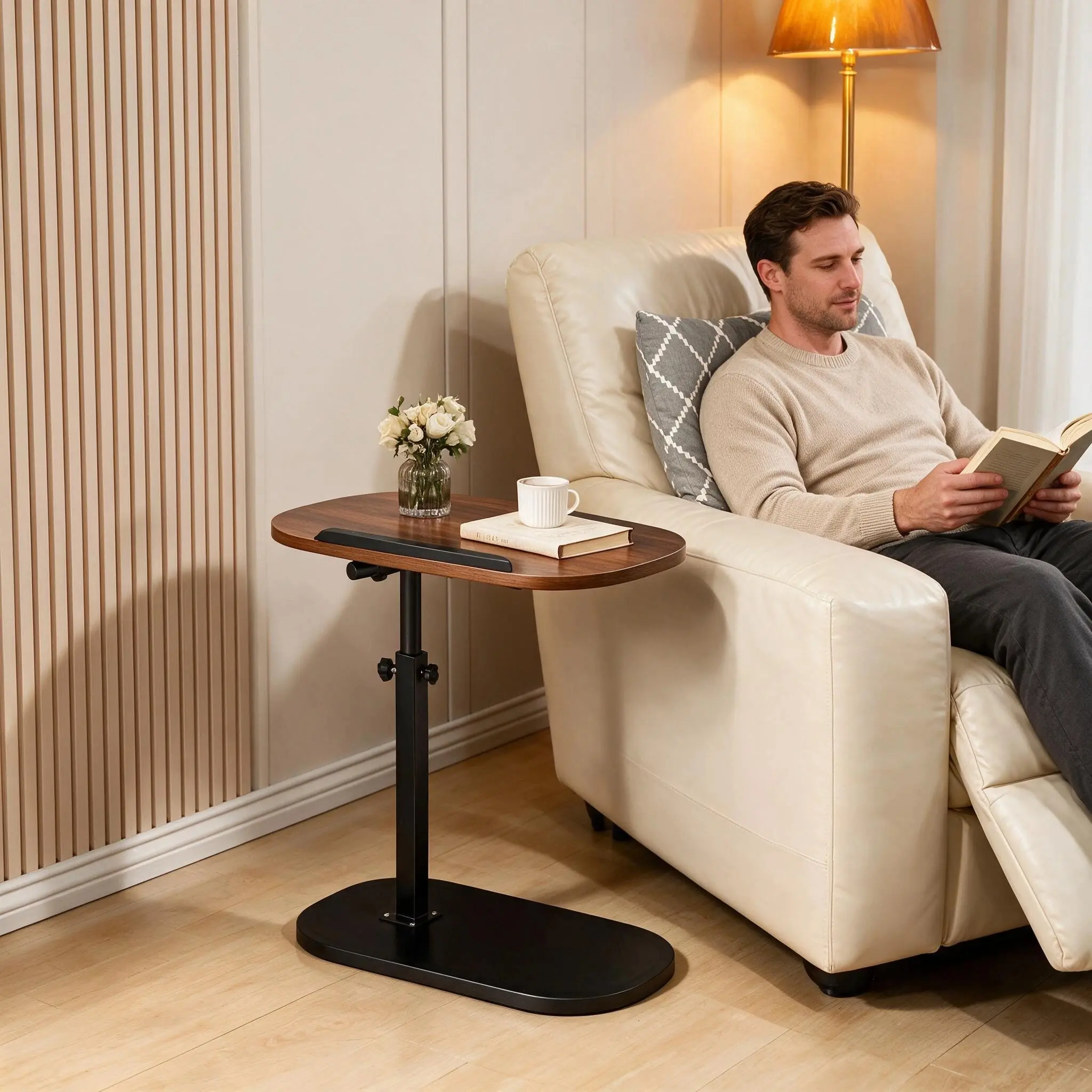 360° Swivel C-Shaped Side Table with Swivel Base, Adjustable Height Laptop Sofa End Table, Wood Top