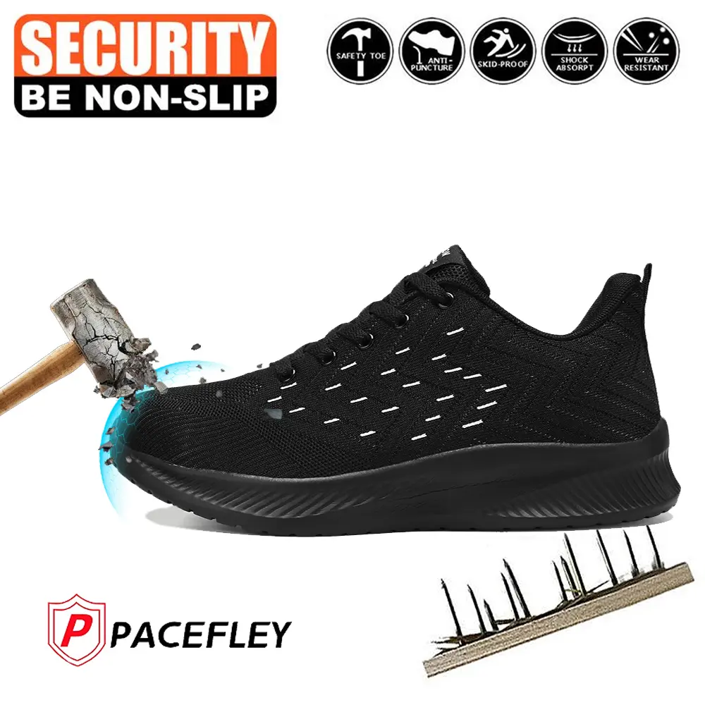 Men's Work Safety Shoes - Steel Toe, Puncture-Proof Sole, Chic Minimalist Polka Dot Knit Mesh Round Toe Lace-Up Slip-On Footwear for Outdoor Workers, Lightweight, Laces, Athletic, Outdoors