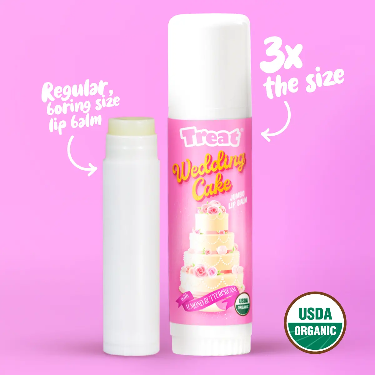 Treat Wedding Cake Jumbo Lip Balm Organic Cocoa Almond Buttercream Bliss USDA Certified USDA Organic Coconut Oil Beeswax Cocoa Butter Shea Butter