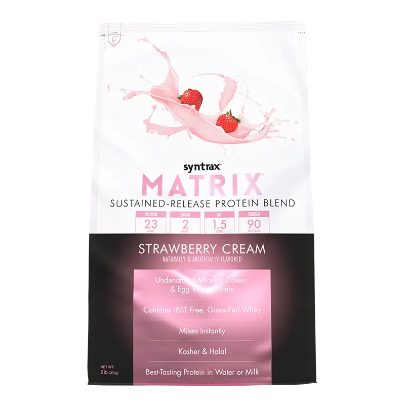 Syntrax Nutrition Matrix, Sustained-Release Protein Blend Strawberry Cream 2 lbs Undenatured Micellar Casein & Whey Blend for Easy Mixing