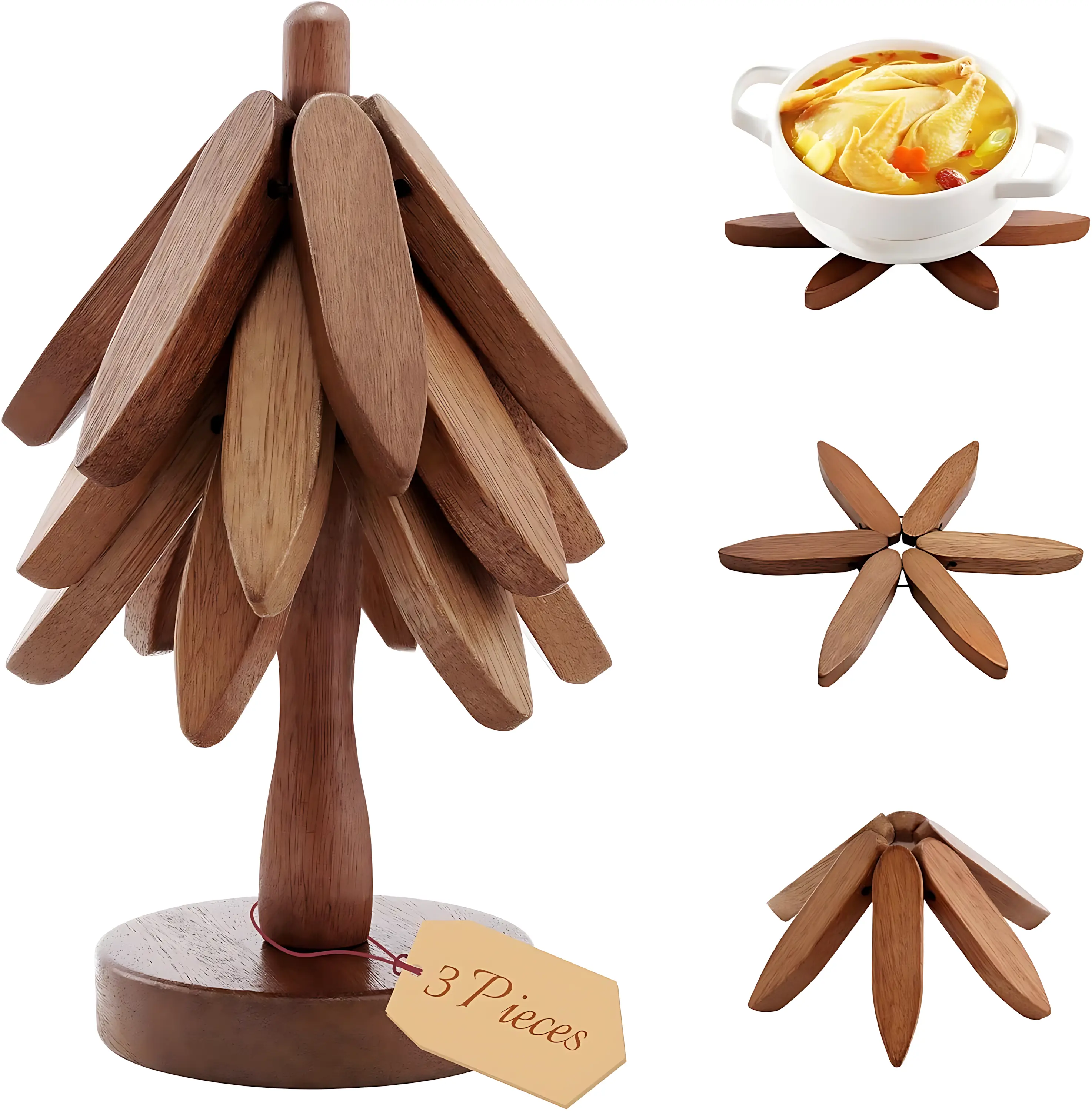 Natural Foldable Black Walnut Wooden Trivet Set, Tree Shape Kitchen Decor, Aesthetic Wooden Coasters with Stand, Heat Resistant Table Decor for Home couple gifts birthday Tree-Shaped Placemat Tableware hot pot