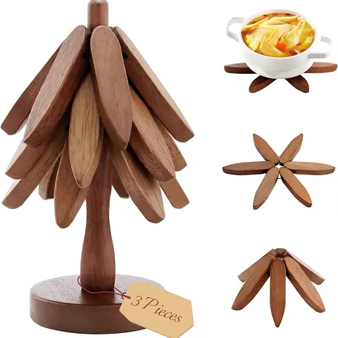 Natural Foldable Black Walnut Wooden Trivet Set, Tree Shape Kitchen Decor, Aesthetic Wooden Coasters with Stand, Heat Resistant Table Decor for Home couple gifts birthday Tree-Shaped Placemat Tableware hot pot