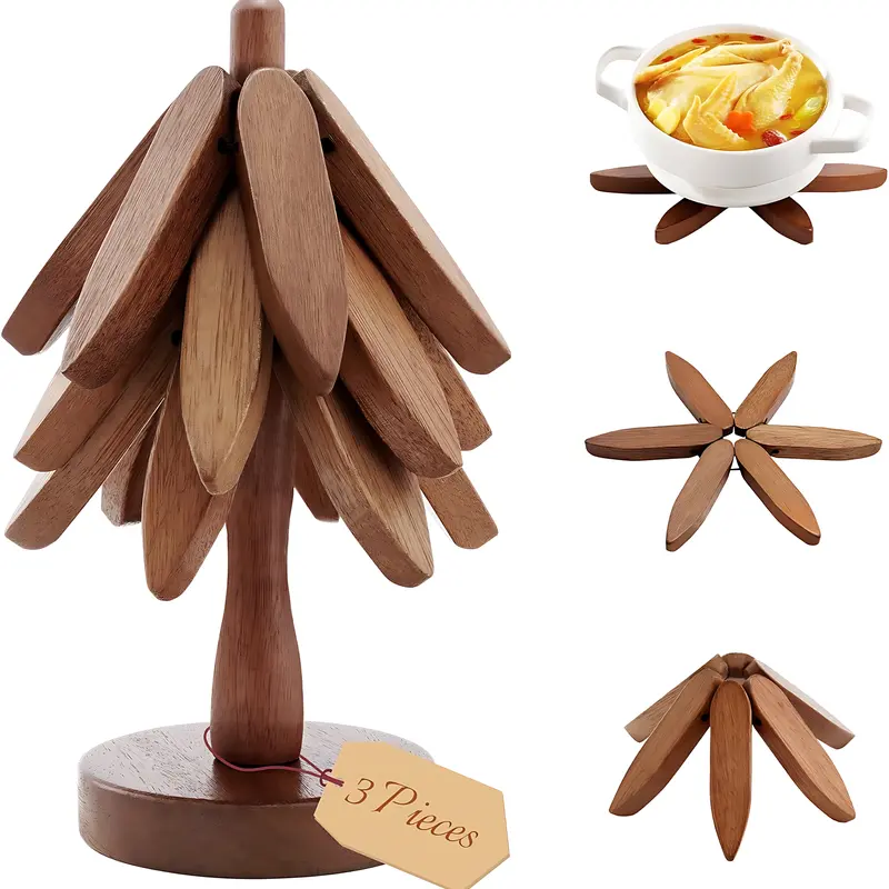 Natural Foldable Black Walnut Wooden Trivet Set, Tree Shape Kitchen Decor, Aesthetic Wooden Coasters with Stand, Heat Resistant Table Decor for Home couple gifts birthday Tree-Shaped Placemat Tableware hot pot
