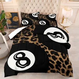 American Retro Leopard Print 8-Ball Billiards Print Comforter, 1 Comforter & 1-2 Coreless Pillowcases, Soft Warm Bedspread, Brown Leopard & 8 Ball Pattern, 90s Street Style Bedroom Decor