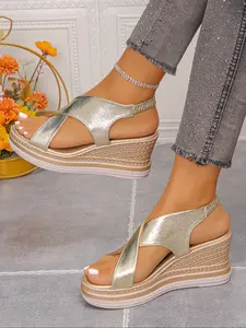 Women's Open Toe Thick Sole Slope Heel Wedge Sandals, Summer Cross Strap Roman Shoes, High Heels for Short People, New Arrival