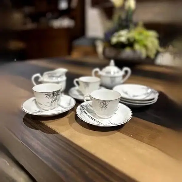 12-pc Kutani China Silver Bamboo Hand-painted Japan Teapot, Platter, Gravy Bowl Set