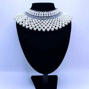 Fancy Bib Necklace with White Beads Ethnic Style Accents for Women