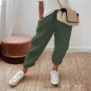 Women's Cotton Linen Long Pants with Pockets Elastic Waist Casual Pants