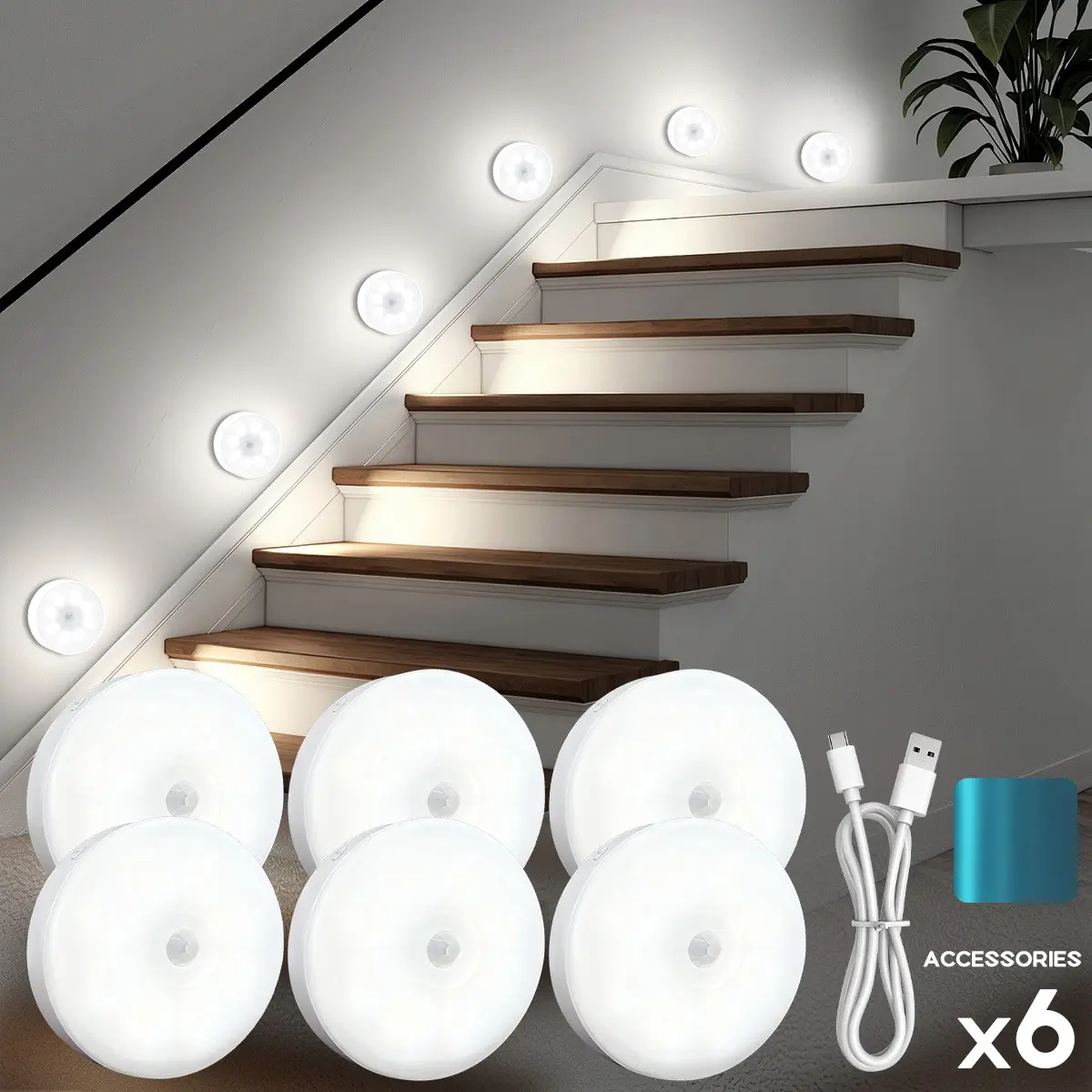Rechargeable Indoor Motion Sensor Night Light, 6 Magnetic Mount Warm Light, Suitable for Kitchen and Closet, Durable Design, Motion Sensor Lamp, Indoor Lighting