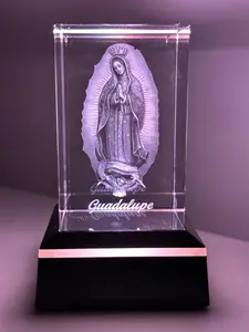 3D Engraved Virgen Mary Crystal Cube with LED Colorful Lighting Touch Base Elegant Home Decor