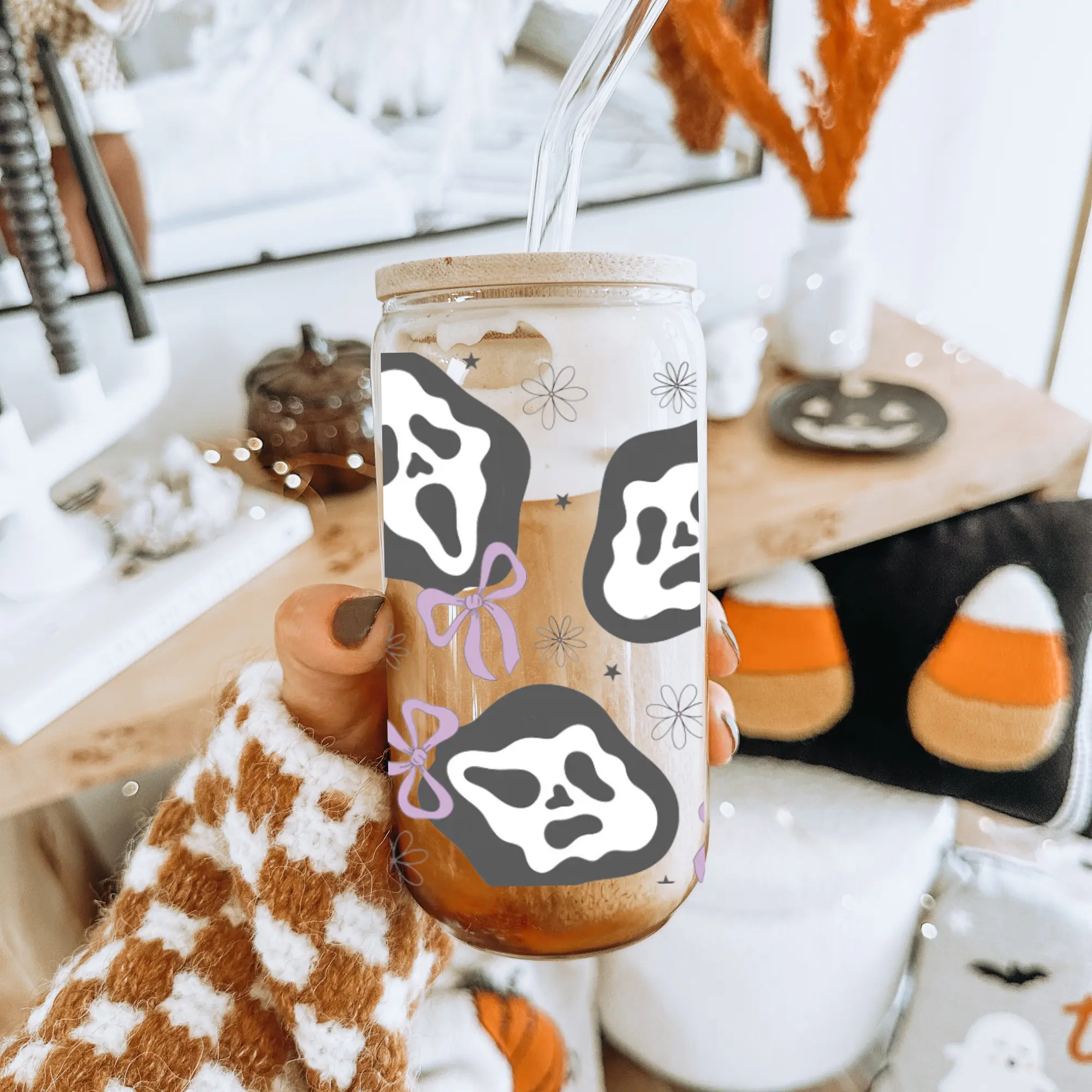 16oz Spooky Ghost Face Glass Cup with Bamboo Lid & Glass Straw | Halloween Iced Coffee Cup