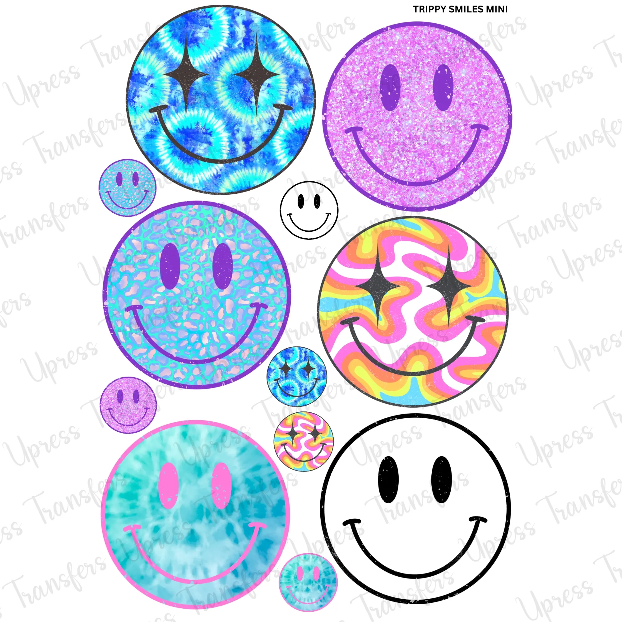 Trippy Smiles Mini DTF Transfer Gang Sheet 24.5" wide x 36" long. Direct To Film Mini Gang Sheet