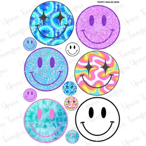 Trippy Smiles Mini DTF Transfer Gang Sheet 24.5" wide x 36" long. Direct To Film Mini Gang Sheet