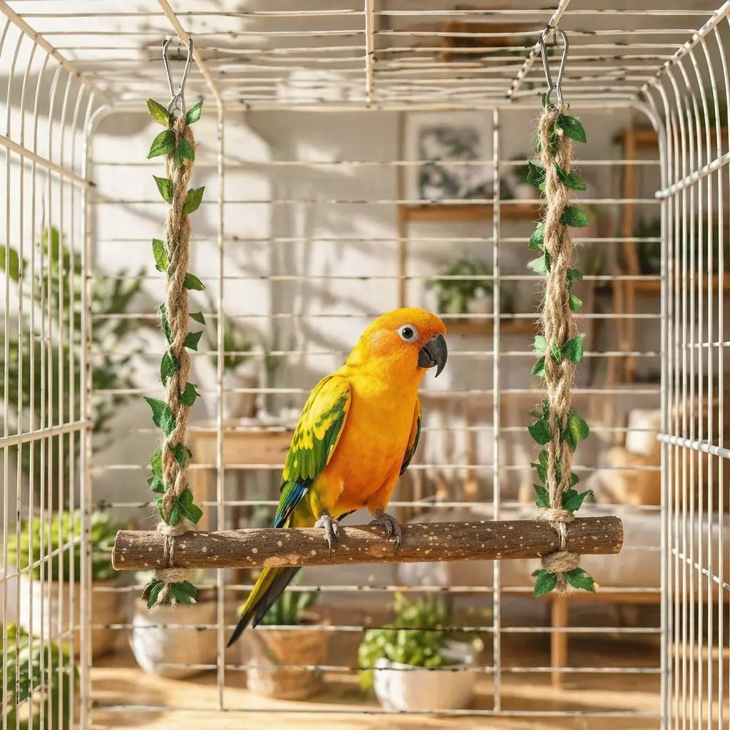 Natural Wood Bird Swing Toy with Jungle Vines – Hanging Parrot Perch Stand & Climbing Rope Cage Accessory for Parakeets, Cockatiels, Conures, Budgies & Small to Medium Birds