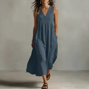Women's Summer Solid Color V-Neck Sleeveless Cotton Loose Pocket Dress, Elegant Casual Dress for Sports, Travel, Daily Wear